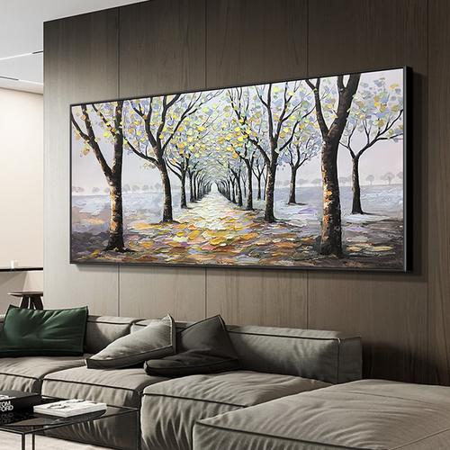 纯手绘油画客厅横版挂画北欧风景壁画沙发背景墙装饰画白桦林手工