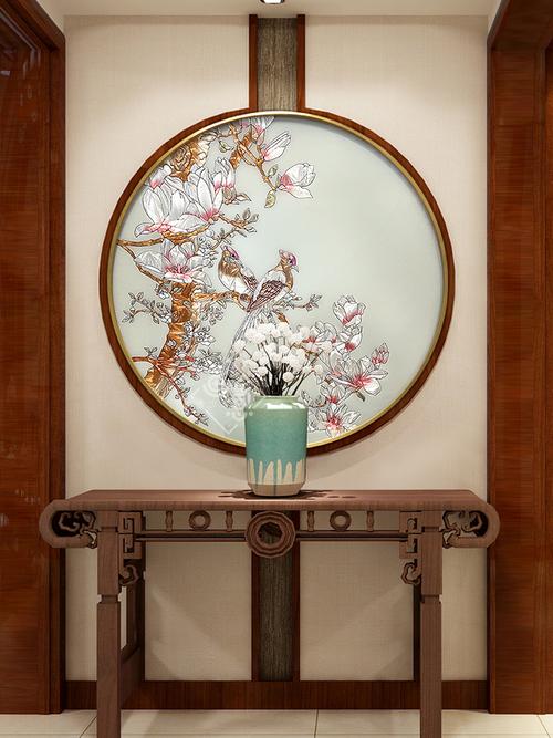 手绘珐琅彩装饰画玄关餐厅新中式壁画圆形金属框客厅挂画喜上枝头